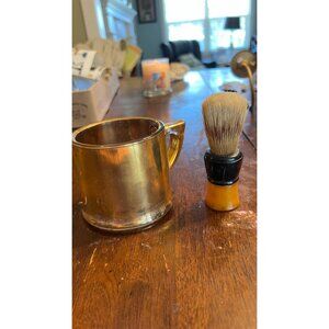 Vintage Shaving Set Brush Bakelite Handle & Gold painted Mug Set Rubberset 153
